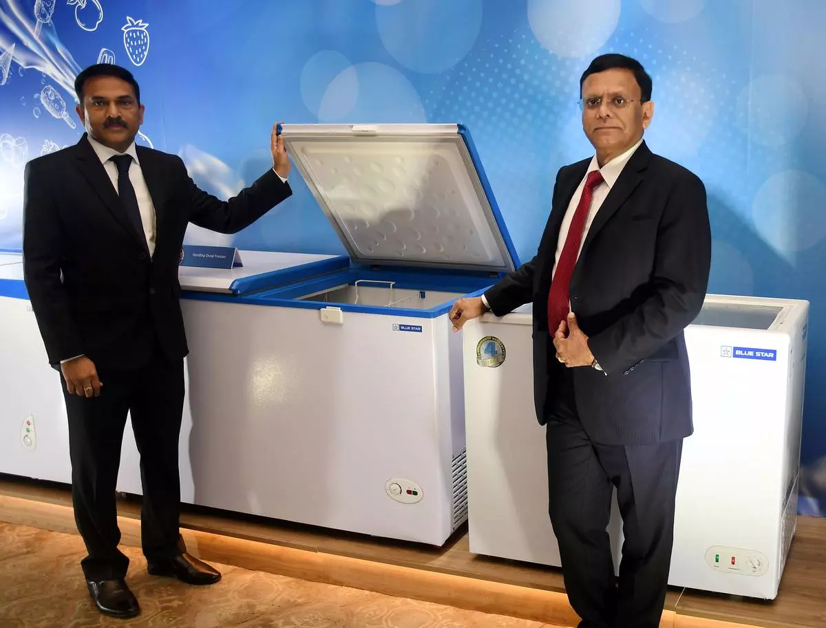 B Thiagarajan, MD, Blue Star Ltd, and M Srinivas Reddy,VP - Commercial Refrigeration Business, at the launch of range of deep freezers, in Chennai, on Wednesday