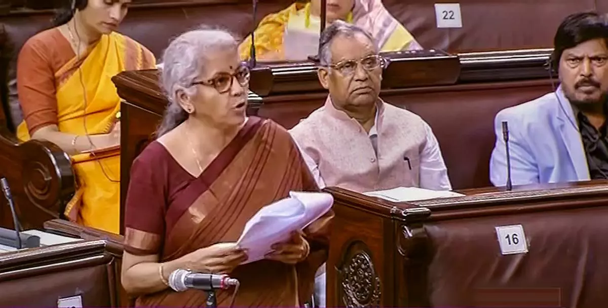 Union Finance Minister Nirmala Sitharaman speaks in the Rajya Sabha during ongoing Monsoon Session of Parliament, in New Delhi, on Tuesday