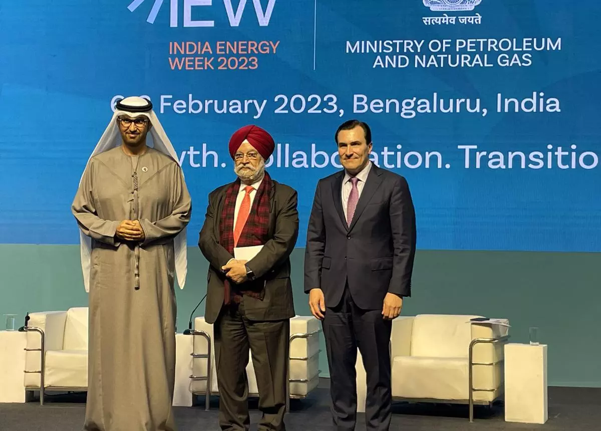 Union Minister of Housing and Urban Affairs Hardeep Singh Puri poses for a picture with United Arab Emirates (UAE) Minister of Climate Envoy, Industry and Advanced Technology and COP28 President-Designate Sultan Al Jaber and International Energy Agency (IEA) Secretary General Joseph McMonigle  at the Global Energy Week  in Bengaluru on Tuesday.