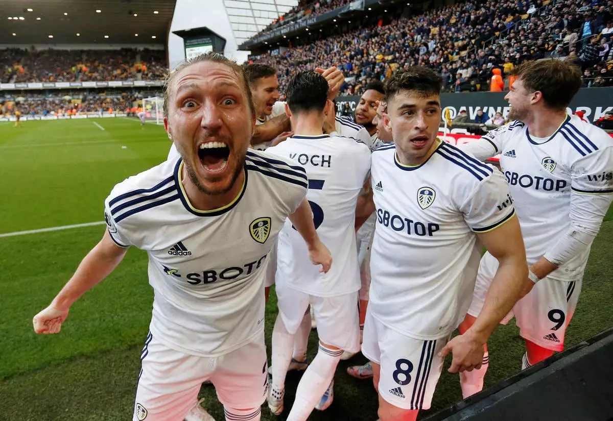 Leeds United’s Luke Ayling celebrates after Rasmus Kristensen scores their third goal    