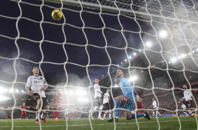 Liverpool’s Darwin Nunez scores their fifth goal past Manchester United’s David de Gea