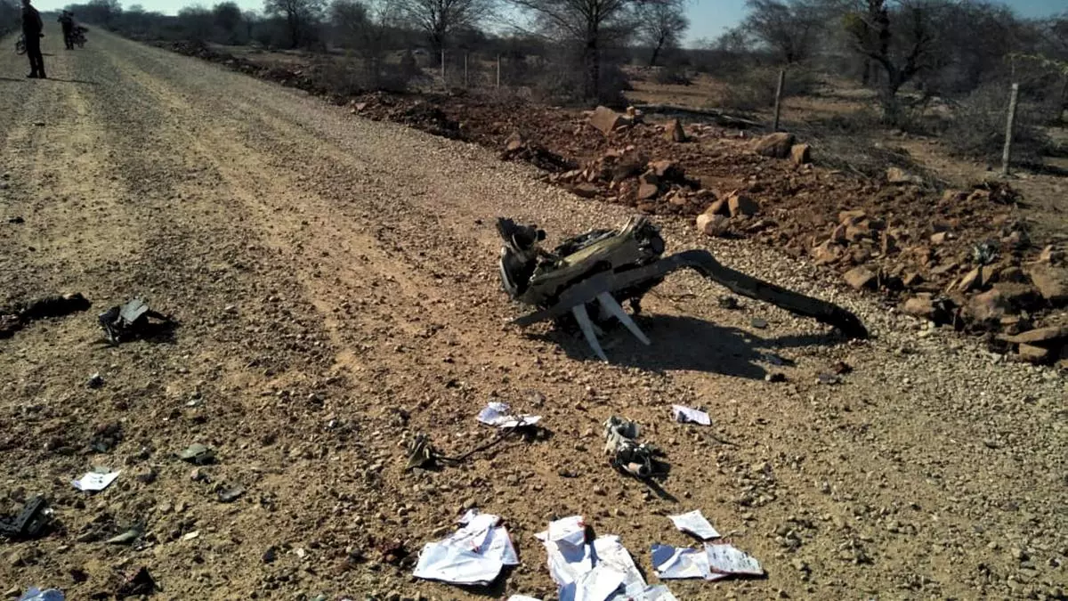 The wreckage Su-30MKI and Mirage 2,000 fighter planes which crashed during an exercise, at Pagadgarh in Morena district