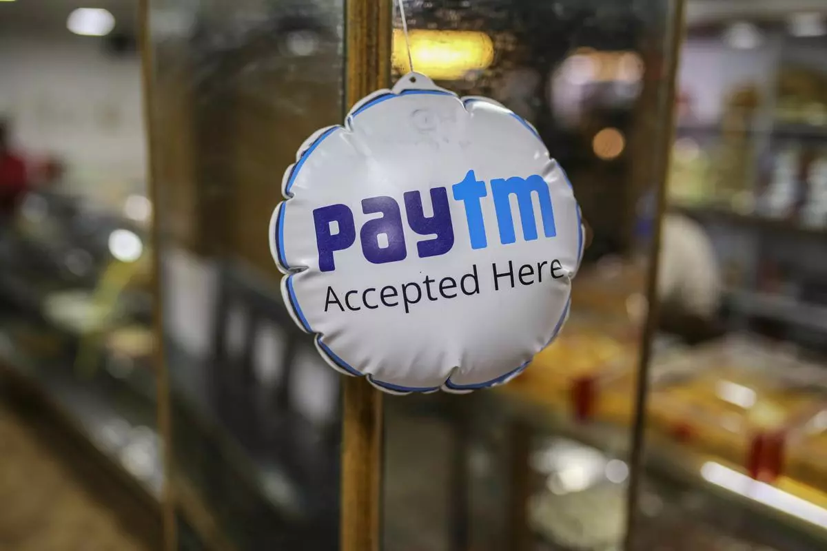 An advertising balloon for PayTM online payment advertisment, operated by One97 Communications Ltd., is displayed at a a general store in Tamil Nadu