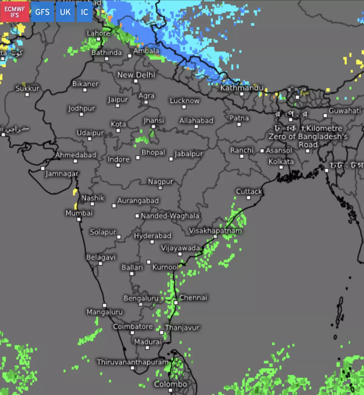 Thundershowers (green) and snow (in blues) wallop parts of hills and plains of North-West India even as the Bay of Bengal gets into activity towards the South as depicted by satellite pictures on Friday morning.