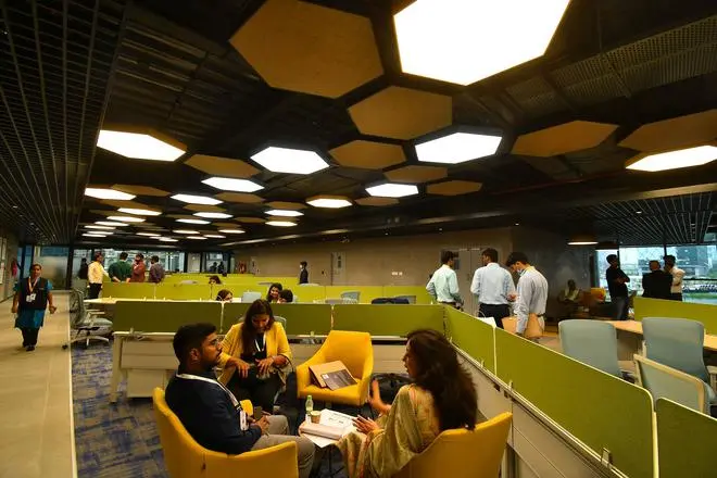 Plush interiors of T-Hub 2.0 at Raidurgam in Hyderabad. Plush interiors of T-Hub 2.0 at Raidurgam in Hyderabad.