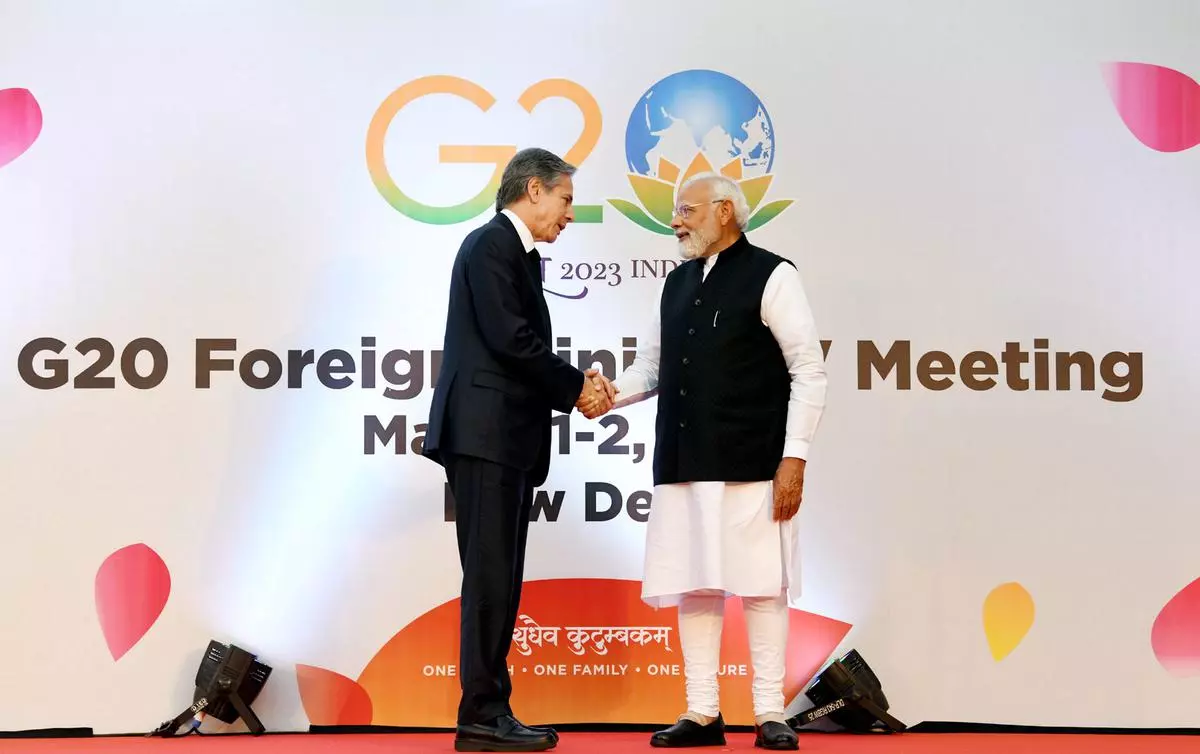 Prime Minister Narendra Modi with US Secretary of State Antony Blinken during the Raisina Dialogue, in New Delhi