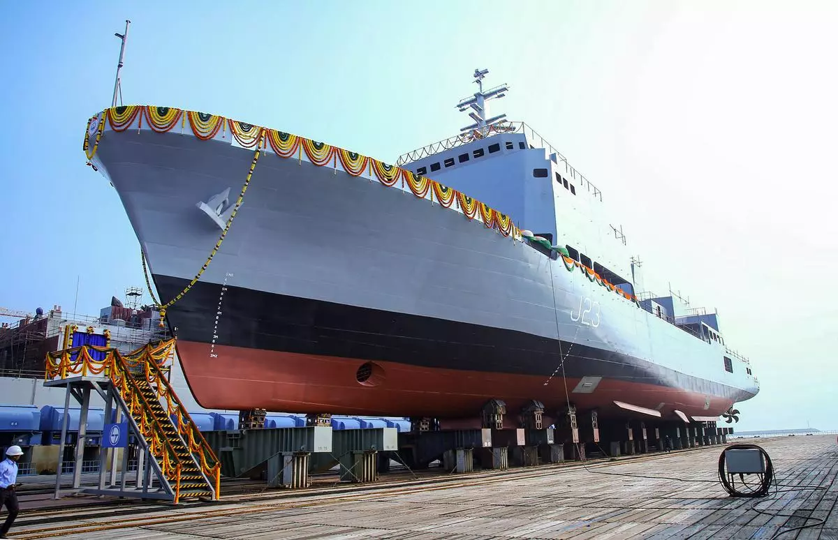 ‘Ikshak’, the third of four Survey Vessels (Large) to be built by Garden Reach Shipbuilders in collaboration with L&T for the Indian Navy, at its launch at Kattupalli, Chennai, on Saturday.