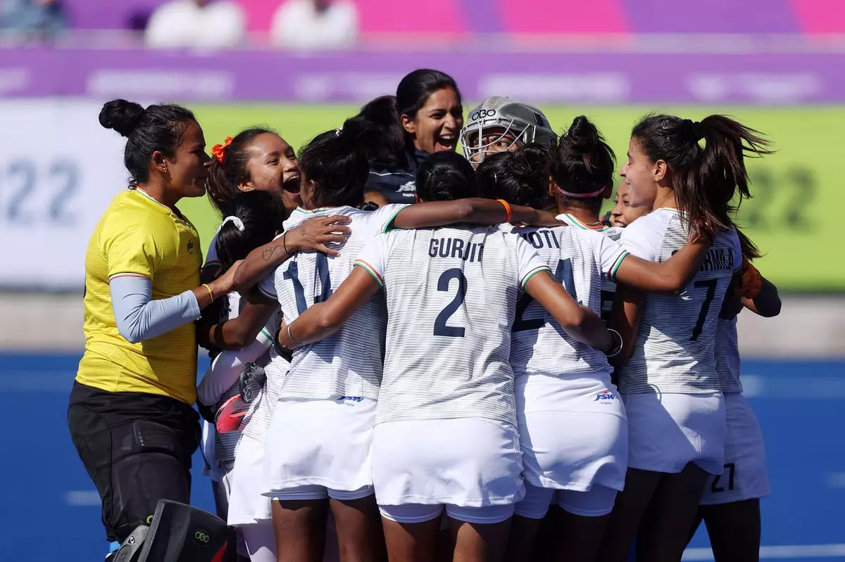 Team India celebrate their victory in the Women’s Hockey - Bronze Medal match between New Zealand and India at the Birmingham 2022 Commonwealth Games.