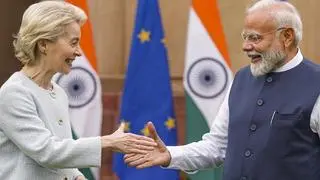 Prime Minister Narendra Modi and President of the European Commission Ursula von der Leyen before a meeting at the Hyderabad House in New Delhi on Friday