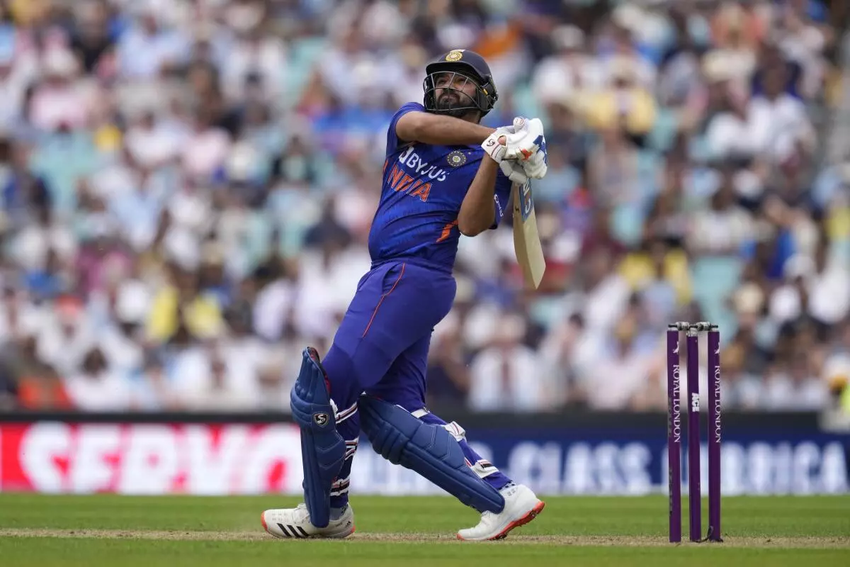 India‘s captain Rohit Sharma hits a six during the first one day international cricket match between England and India at the Oval cricket ground in London, Tuesday, July 12, 2022. PTI