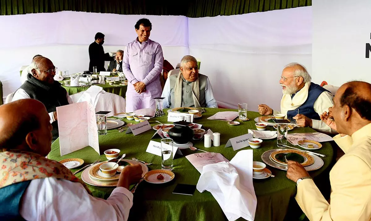 Vice-President Jagdeep Dhankhar, Prime Minister Narendra Modi, Defence Minister Rajnath Singh, Congress MP Mallikarjun Kharge and others at a lunch hosted in Parliament where millet dishes were served to mark the Millet Year 2023, recently