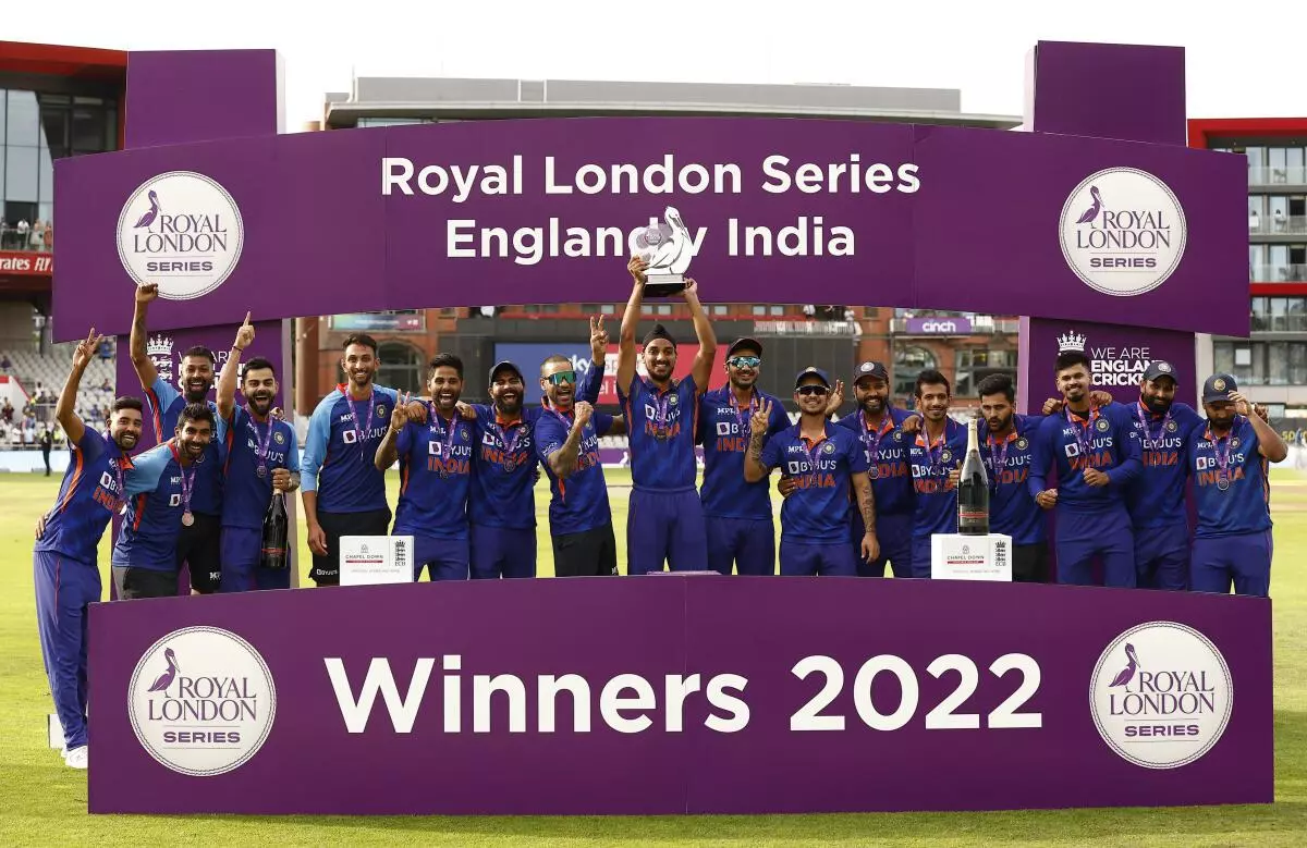 India team members celebrate with the Royal London Series trophy after winning the match (Reuters)