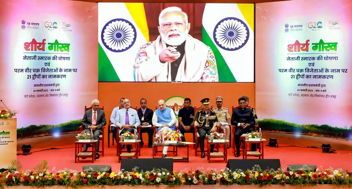 Prime Minister Narendra Modi inaugurates the naming of the 21 islands of Andaman and Nicobar after 21 Param Vir Chakra awardees via video conferencing in New Delhi