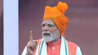 Prime Minister Narendra Modi addresses the nation from the Red Fort on the occasion of the 79th Independence Day, in New Delhi, Friday, Aug. 15, 2025.
