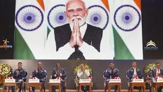 New Delhi: Union Minister of Science and Technology Jitendra Singh, Indian Space Research Organisation (ISRO) Chairman V Narayanan, Group Captain Shubhanshu Shukla, Group Captain Prasanth Balakrishnan Nair, Group Captain Ajith Krishnan, Group Captain Angad Pratap and others watch live telecast of Prime Minister Modi’s speech on the occasion of the ‘National Space Day’, at Bharat Mandapam, in New Delhi, Saturday, Aug. 23, 2025