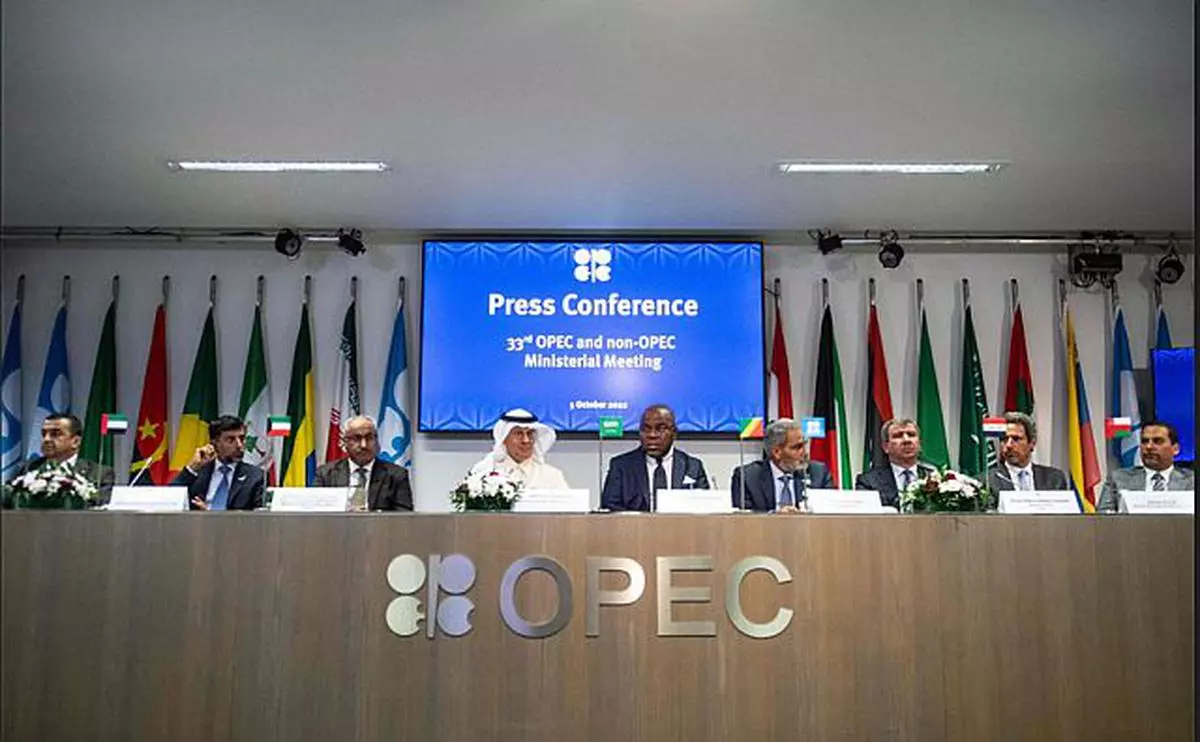 Representatives of OPEC member countries attend a press conference after the 45th Joint Ministerial Monitoring Committee and the 33rd OPEC and non-OPEC Ministerial Meeting in Vienna, Austria, on October 5, 2022. - The OPEC+ oil cartel meets for the first time face-to-face since Covid curbs were introduced in 2020