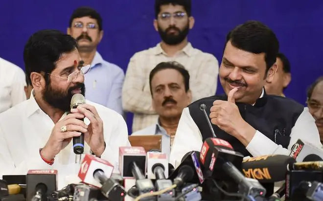 Maharashtra CM-designate and Shiv Sena leader Eknath Shinde and Leader of Opposition and BJP leader Devendra Fadnavis address a press conference, in Mumbai. Maharashtra CM-designate and Shiv Sena leader Eknath Shinde and Leader of Opposition and BJP leader Devendra Fadnavis address a press conference, in Mumbai.