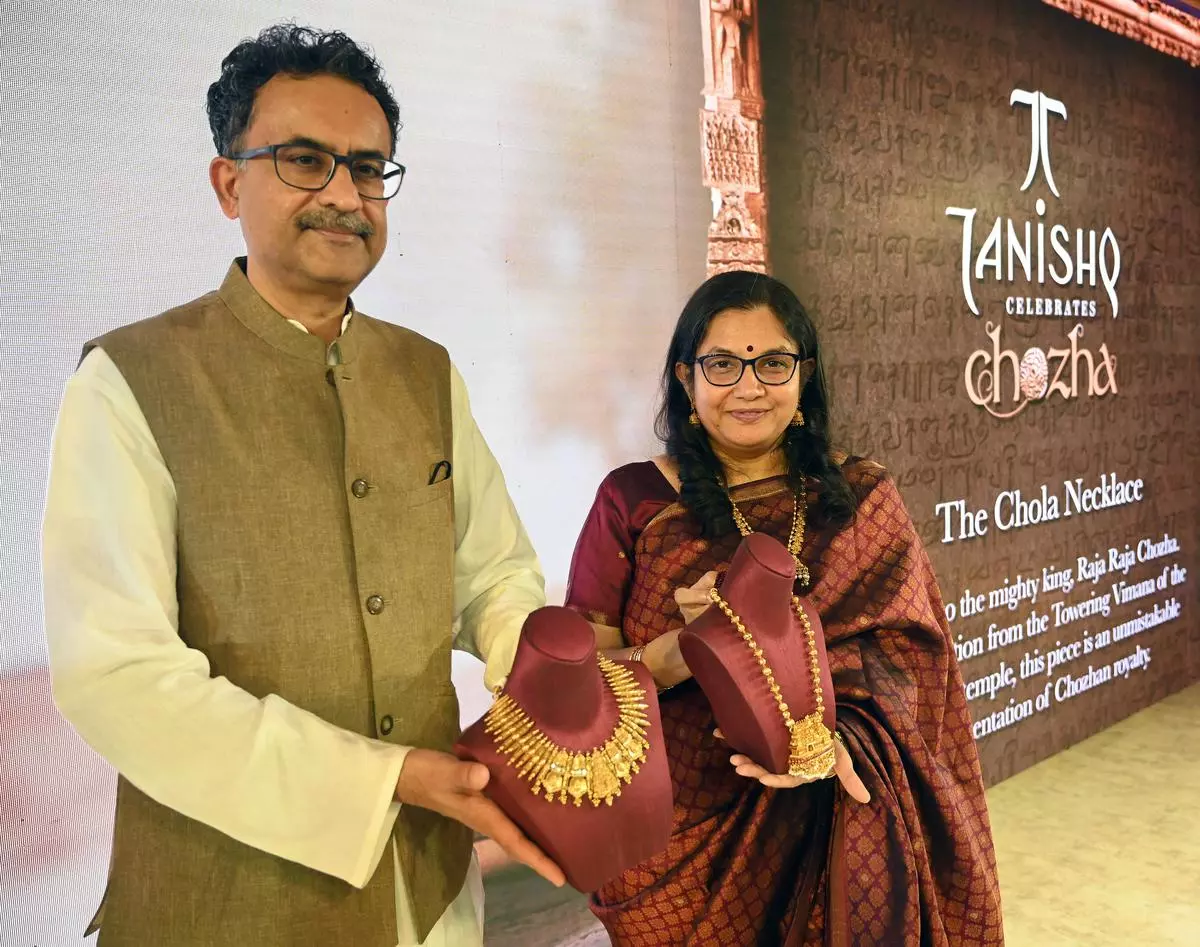 Arun Narayan, VP Category, Marketing and Retail, Tanishq and Ranjani Krishnaswamy, GM- Marketing at the unveling of ‘The Chozha’ collection in Chennai on Tuesday 