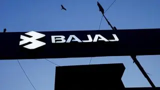 Logo of Bajaj Auto Ltd is pictured at one of their service centres in New Delhi, India, October 15, 2024