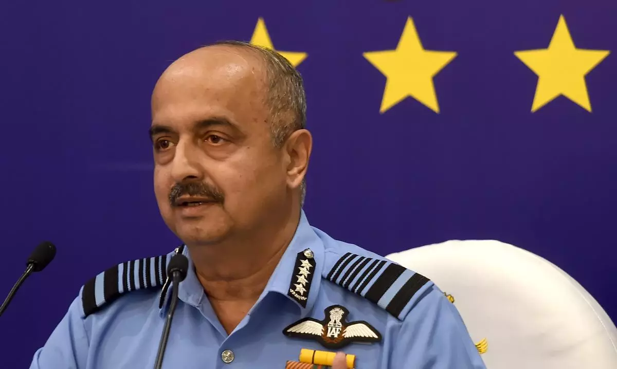 New Delhi: Chief of Air Staff Air Chief Marshal VR Chaudhari speaks during a press conference ahead of the 90th Air Force Day celebrations, in New Delhi, Tuesday, Oct. 4, 2022. (PTI Photo/Kamal Singh) 