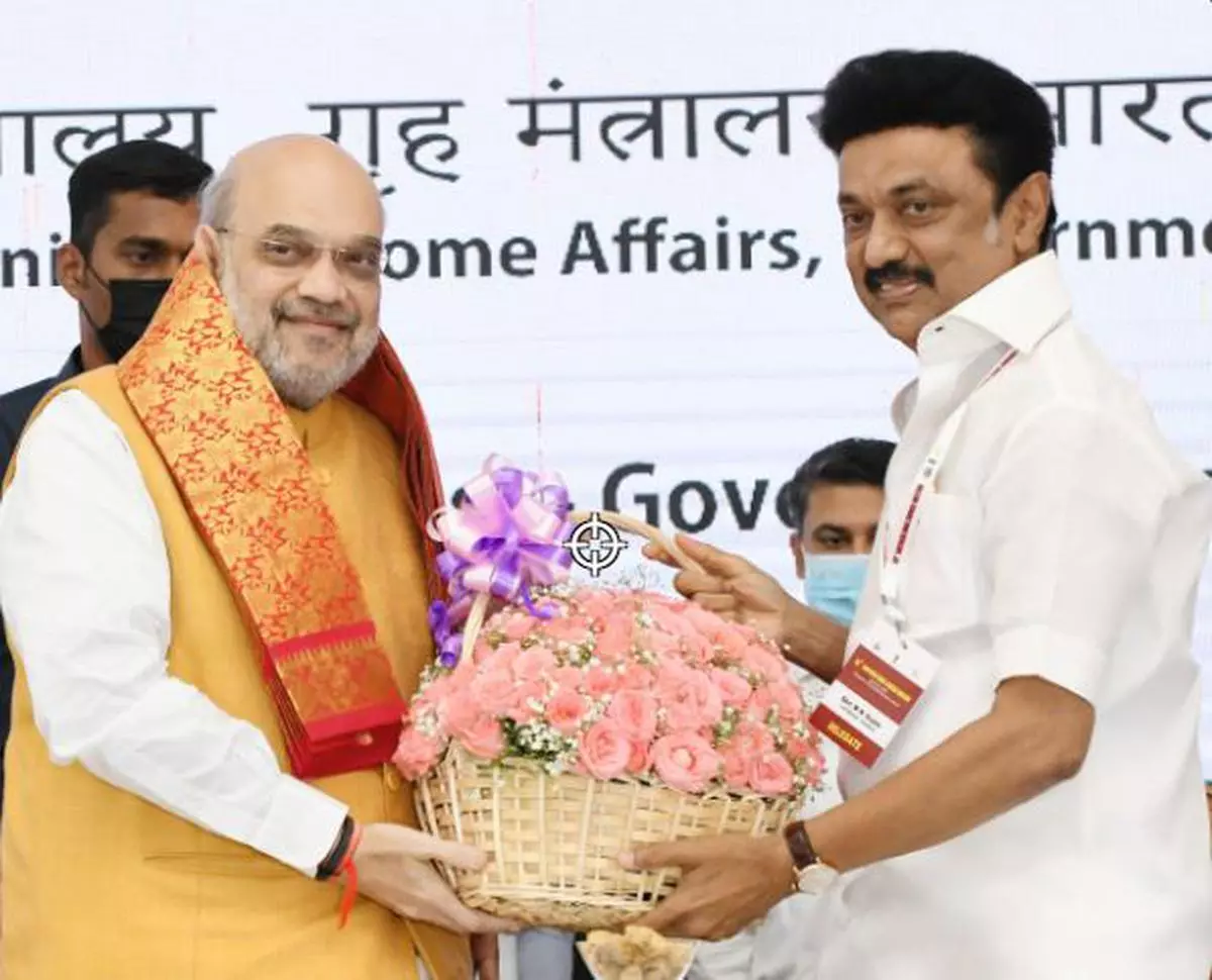 Tamil Nadu Chief Minister MK Stalin greets the Union Home Minister Amit Shah at the Southern Zonal Council Meeting held at Thiruvanathapuram on September 3, 2022.