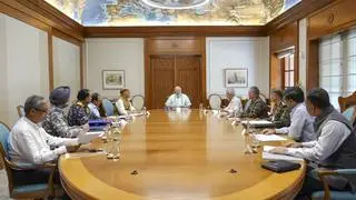Prime Minister Narendra Modi with Defence Minister Rajnath Singh, External Affairs Minister S Jaishankar, National Security Advisor (NSA) Ajit Doval, Chief of Defence Staff General Anil Chauhan, Chief of the Army Staff General Upendra Dwivedi, Chief of the Naval Staff Admiral Dinesh K Tripathi, Chief of the Air Staff Air Chief Marshal AP Singh, and others during a meeting, a day after India and Pakistan reached a bilateral understanding, in New Delhi, Sunday, May 11, 2025.