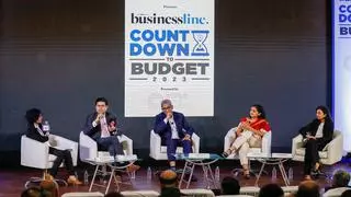 Aashish Kasad, Tax Partner, EY India; Hetal Gandhi, Director Research, Crisil Market Intelligence and Analytics; Raj Balakrishnan, Managing Director and Co-Head Investment Banking, at BofA; Vivek Bhatia, Managing Director and CEO, thyssenkrupp Industries India; and Janaki Krishnan, Senior Deputy Editor, businessline, at a panel discussion during the businessline Countdown to Budget 2023 at National Stock Exchange in Bandra on Friday    