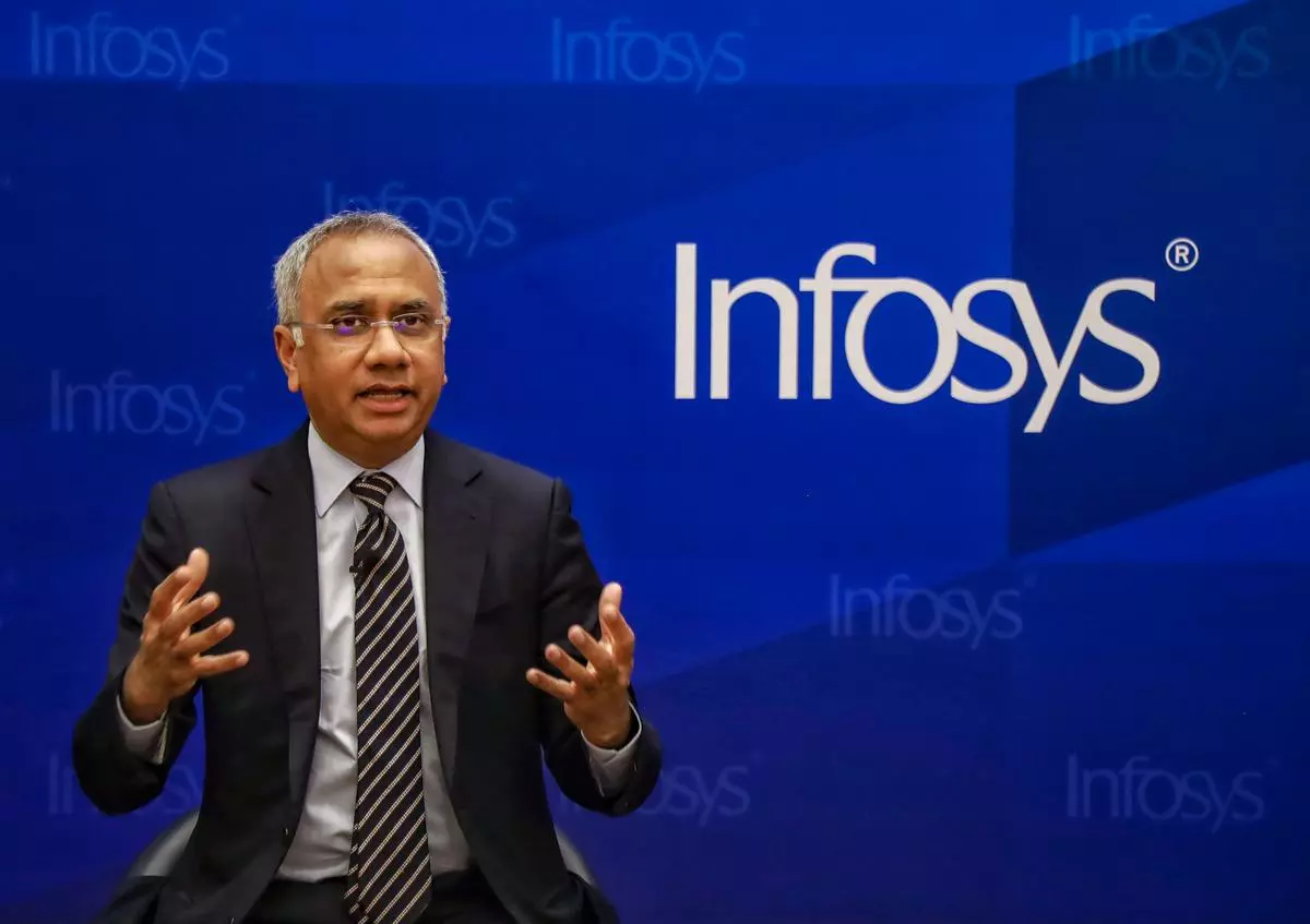 Infosys CEO Salil Parekh at a press conference in Bengaluru, on Thursday