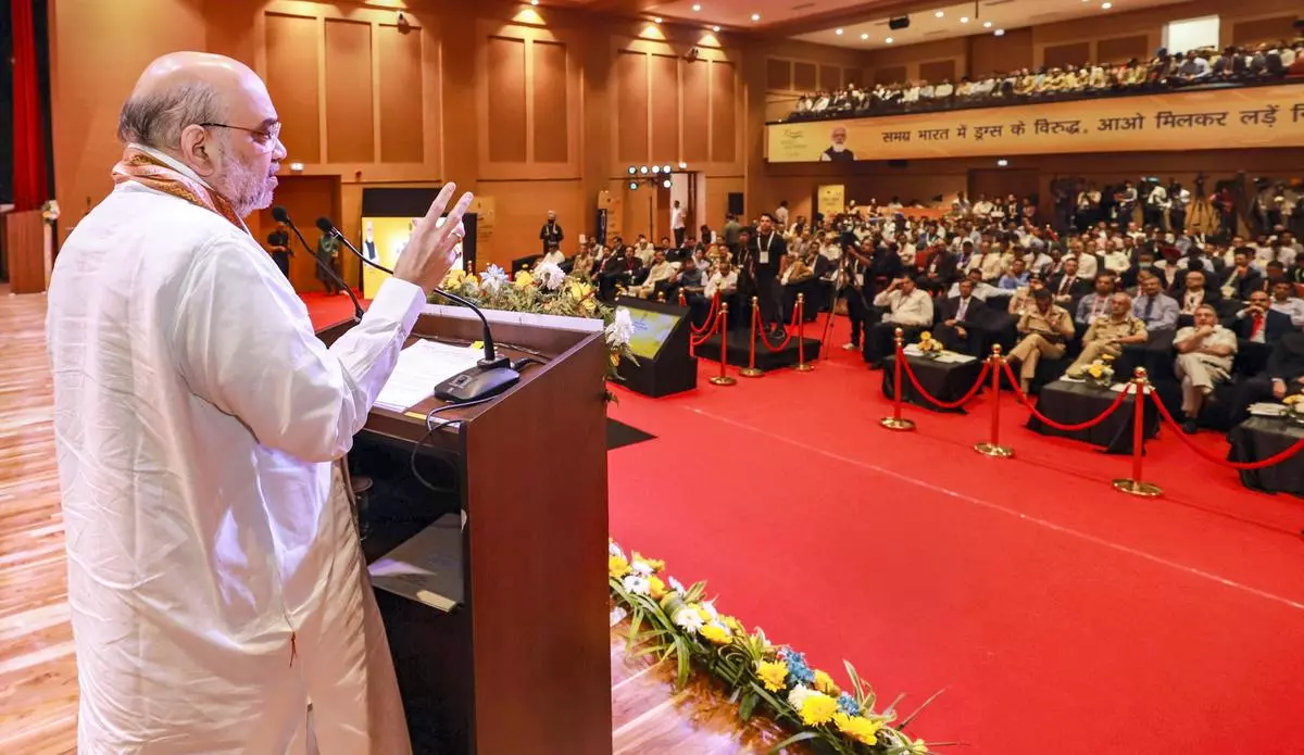 Union Home Minister Amit Shah addresses the Narcotics Control Bureau’s (NCB) National Conference on Drug Trafficking and National Security, in Chandigarh, Saturday, July 30, 2022. (PTI Photo)