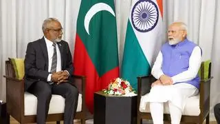 Prime Minister Narendra Modi with Speaker of the People’s Majlis of Maldives Abdul Raheem Abdulla during a meeting, in Maldives, on 26 July 2025. (@narendramodi via PTI Photo)