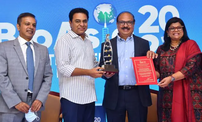 Telangana Information Technology Minister K.T. Rama Rao presentation Genome Valley Excellence award to Chairman and Managing Director of Bharat Biotech Dr. Krishna Ella, Co-Founder and Joint Managing Director Suchitra K. Ella during Inauguration of 18th edition of BioAsia 2021 conference on the Theme of ‘Move the Needle’ in Hyderabad on Monday, also seen is Chairman of Dr. Reddy Laboratories, Satish Reddy. Telangana Information Technology Minister K.T. Rama Rao presentation Genome Valley Excellence award to Chairman and Managing Director of Bharat Biotech Dr. Krishna Ella, Co-Founder and Joint Managing Director Suchitra K. Ella during Inauguration of 18th edition of BioAsia 2021 conference on the Theme of ‘Move the Needle’ in Hyderabad on Monday, also seen is Chairman of Dr. Reddy Laboratories, Satish Reddy.
