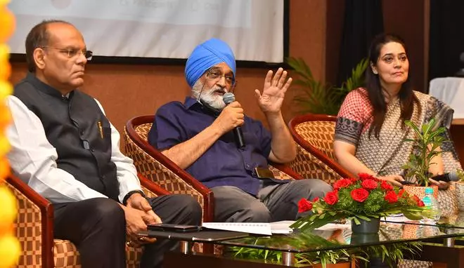 Former deputy chairman of the Planning Commission Montek Singh Ahluwalia along with Chief Secretary Somesh Kumar and Chief of Bureau The Hindu Business Line (Hyderabad) Richa Mishra at the a memorial lecture of a retired IAS officer Abhay Tripathi at Dr. MCR HRD Institute in Hyderabad on Thursday