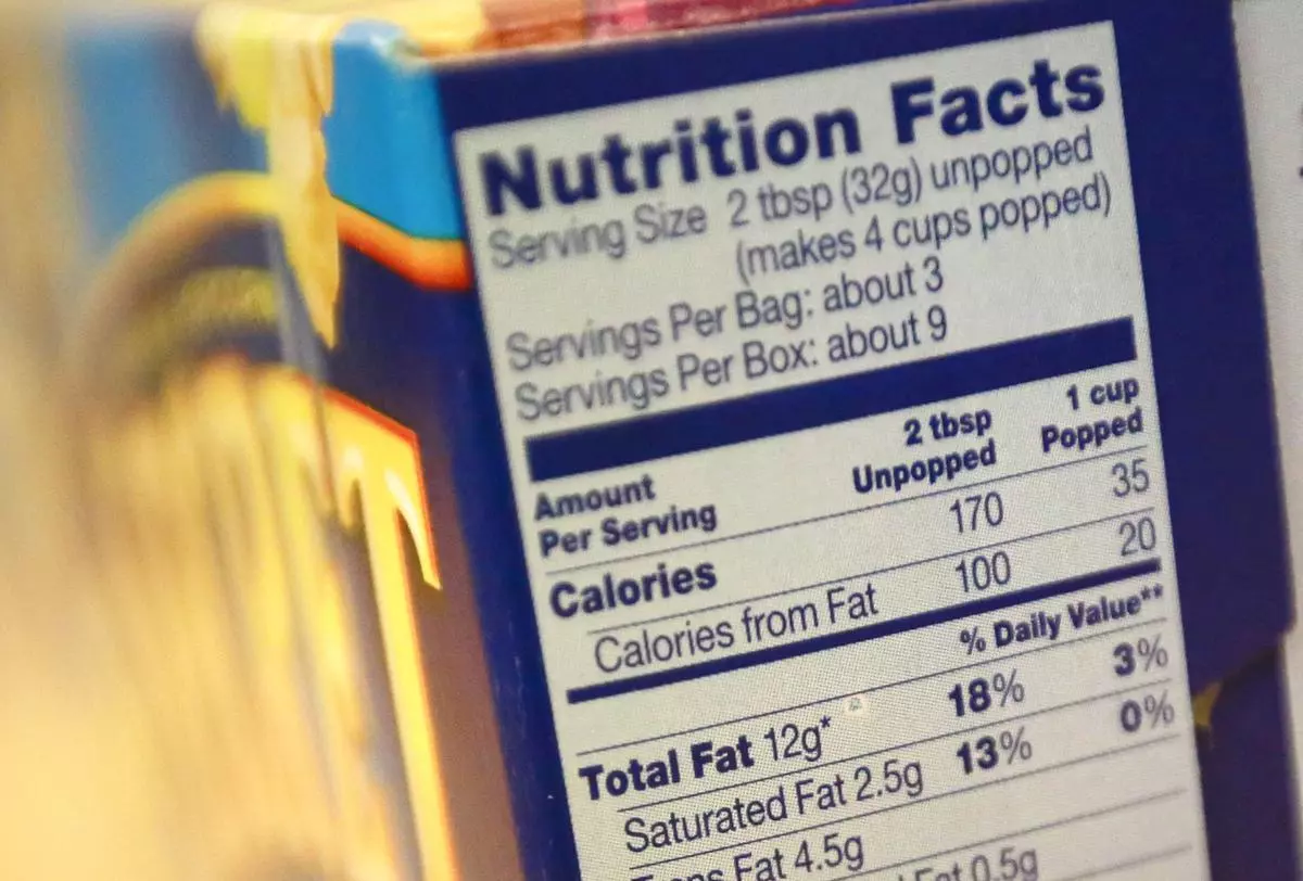 Nutrition facts are seen on a box of popcorn in an illustration file photo 