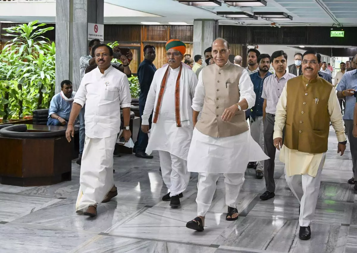 Defence Minister Rajnath Singh with Union Ministers Pralhad Joshi, V. Muraleedharan and Arjun Ram Meghwal arrives to attend an all-party meeting, ahead of the Monsoon Session of the Parliament, at Parliament House, in New Delhi, Sunday, July 17, 2022. 