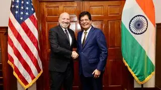 Union Commerce and Industry Minister Piyush Goyal with United States Secretary of Commerce Howard Lutnick