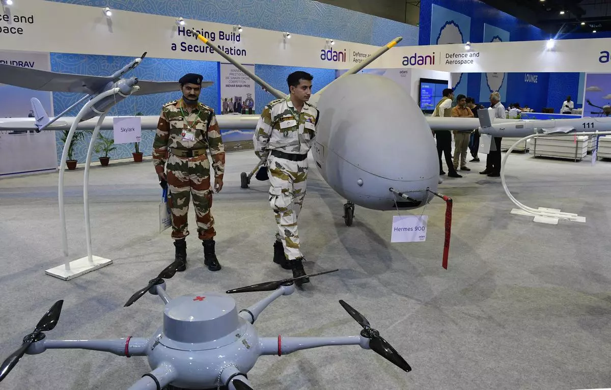 Army officers having a close look at the Hermes 900 tactical Unmanned Air Vehicle during the Bharat Drone Mahotsav. (A file photo) 
