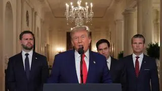 U.S. President Donald Trump delivers an address to the nation accompanied by U.S. Vice President JD Vance, U.S. Secretary of State Marco Rubio and U.S. Defense Secretary Pete Hegseth, at the White House in Washington, D.C., U.S. June 21, 2025, following U.S. strikes on Iran’s nuclear facilities. 