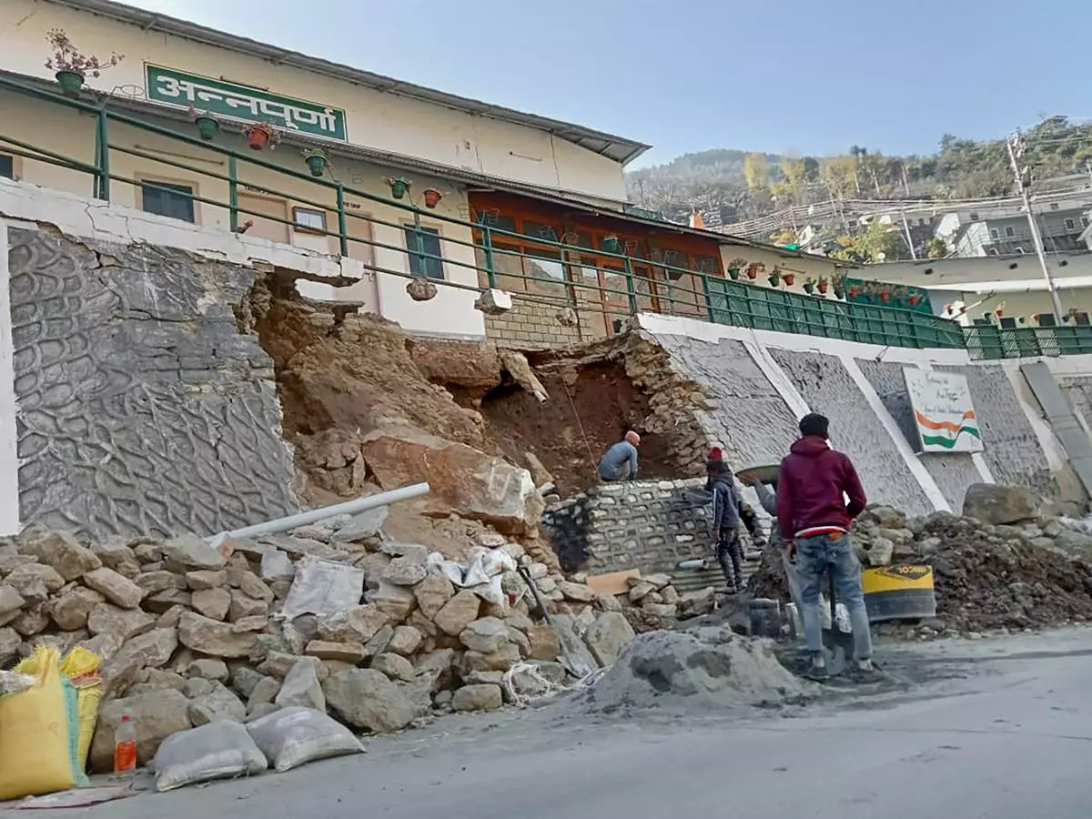 Repair work underway following collapse of a wall in Joshimath area of Chamoli district 