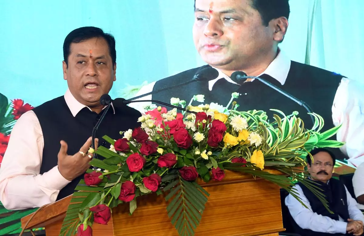 Union Minister for Ports, Shipping & Waterways and AYUSH, Sarbananda Sonowal ,addressing the inaugural function of various projects at VOC Port in Thoothukudi on Friday. PHOTO : RAJESH N
