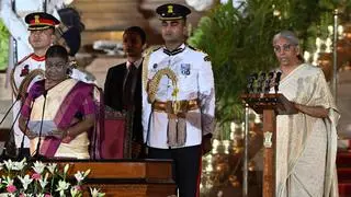 President Draupadi Murmu administering the oath of office to Nirmala Sitharaman during the Swearing in ceremony at the Rashtrapati Bhavan in New Delhi on Sunday, June 09, 2024.  President Draupadi Murmu administering the oath of office to Nirmala Sitharaman during the Swearing in ceremony at the Rashtrapati Bhavan in New Delhi on Sunday, June 09, 2024.