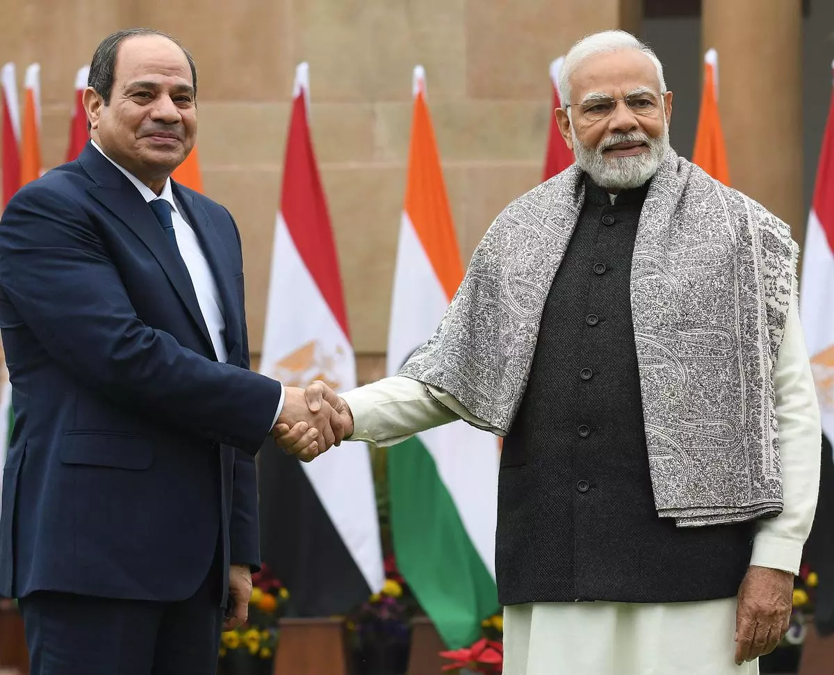 Prime Minister Narendra Modi with Egyptian President Abdel Fattah El-Sisi prior to a meeting at Hyderabad House, in New Delhi 