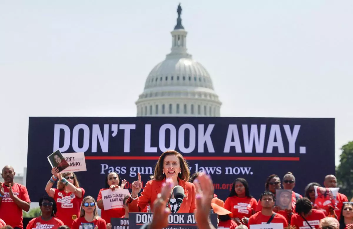 Speaker of the House Nancy Pelosi (D-CA) speaks at a rally with gun violence prevention organisations, gun violence survivors and hundreds of gun safety supporters demanding gun legislation, outside the United States Capitol in Washington, US, June 8, 2022. REUTERS