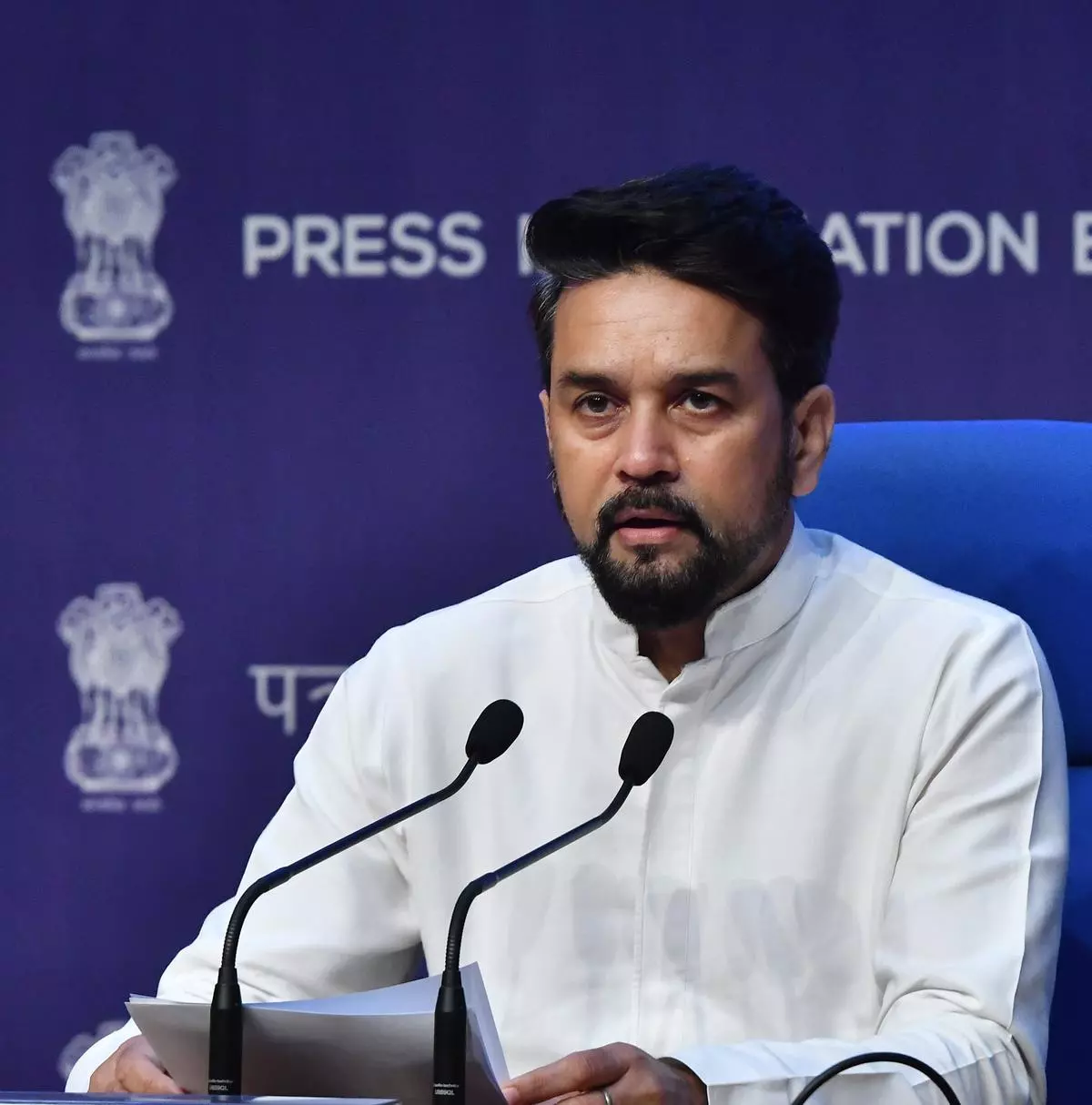 Information & Broadcasting Minister Anurag Thakur addressing a press conference on Cabinet decisions in New Delhi, on Wednesday