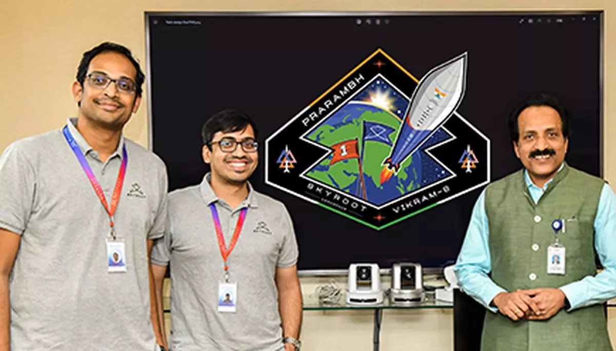 Skyroot Aerospace co-founders Pawan Chandana and Bharath Daka along with ISRO Chairman S. Somanath 