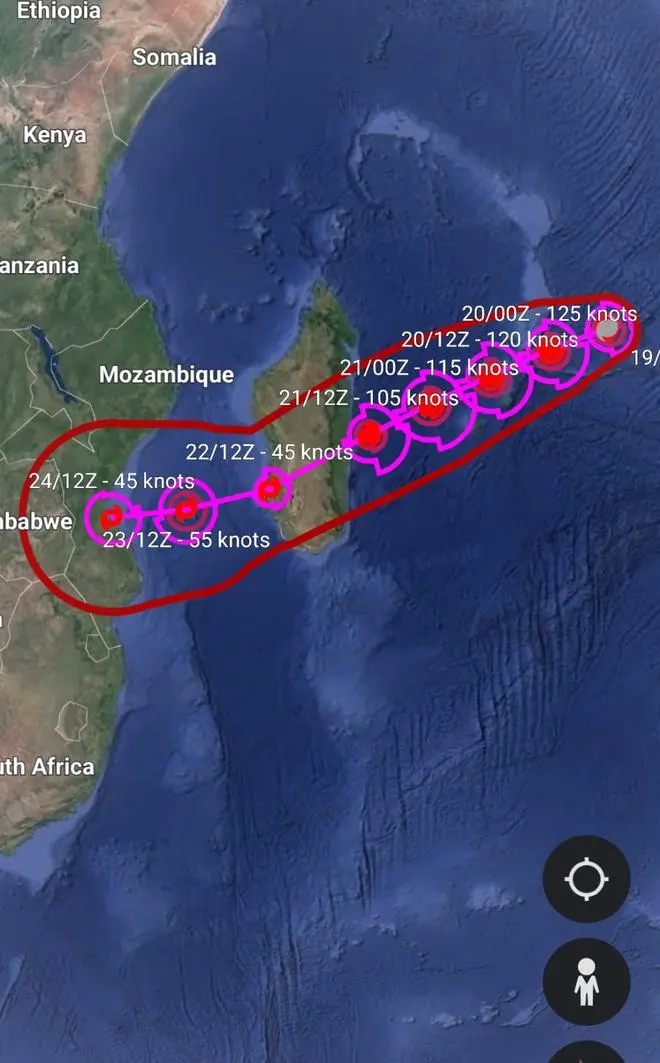 Projected track of intense cyclone Freddy Projected track of intense cyclone Freddy