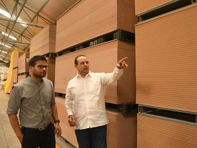 BL Bengani, Chairman, Indowud Polymers Pvt Ltd with Varun Bengani (left), Director at the company’s facility at Gummidipoondi, near Chennai. BL Bengani, Chairman, Indowud Polymers Pvt Ltd with Varun Bengani (left), Director at the company’s facility at Gummidipoondi, near Chennai.