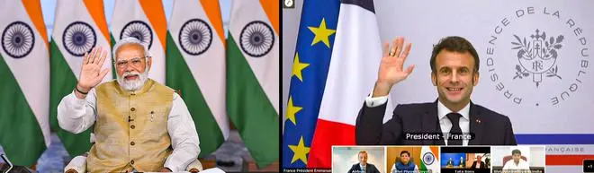 Prime Minister Narendra Modi interacts with French President Emmanuel Macron via video conferencing, in New Delhi on Tuesday Prime Minister Narendra Modi interacts with French President Emmanuel Macron via video conferencing, in New Delhi on Tuesday