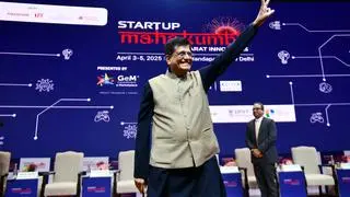 New Delhi, Apr 03 (ANI): Union Commerce and Industry Minister Piyush Goyal shows a victory sign at the inauguration of 2nd edition of Start-up Mahakumbh, at Bharat Mandapam in New Delhi on Thursday.