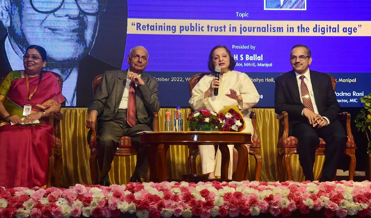 Malini Parthasarathy, Chairperson, The Hindu Group Publishing Pvt Ltd,  delivering the 13th M V Kamath Endowment lecture organised by the Manipal Institute of Communication, under Manipal Academy of Higher Education, in Manipal, on Wednesday.​ (From left)  Padma Rani, Director, MIC;​ HS Ballal, Pro-Chancellor, MAHE; ​and ​Narayan Sabhahit, Registrar, MAHE ​are ​also seen  