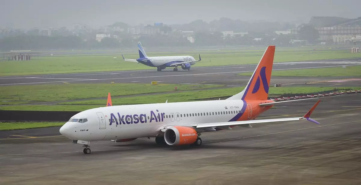 An Akasa Air aircraft prepares for takeoff from the Chhatrapati Shivaji Maharaj International Airport in Mumbai on Sunday.